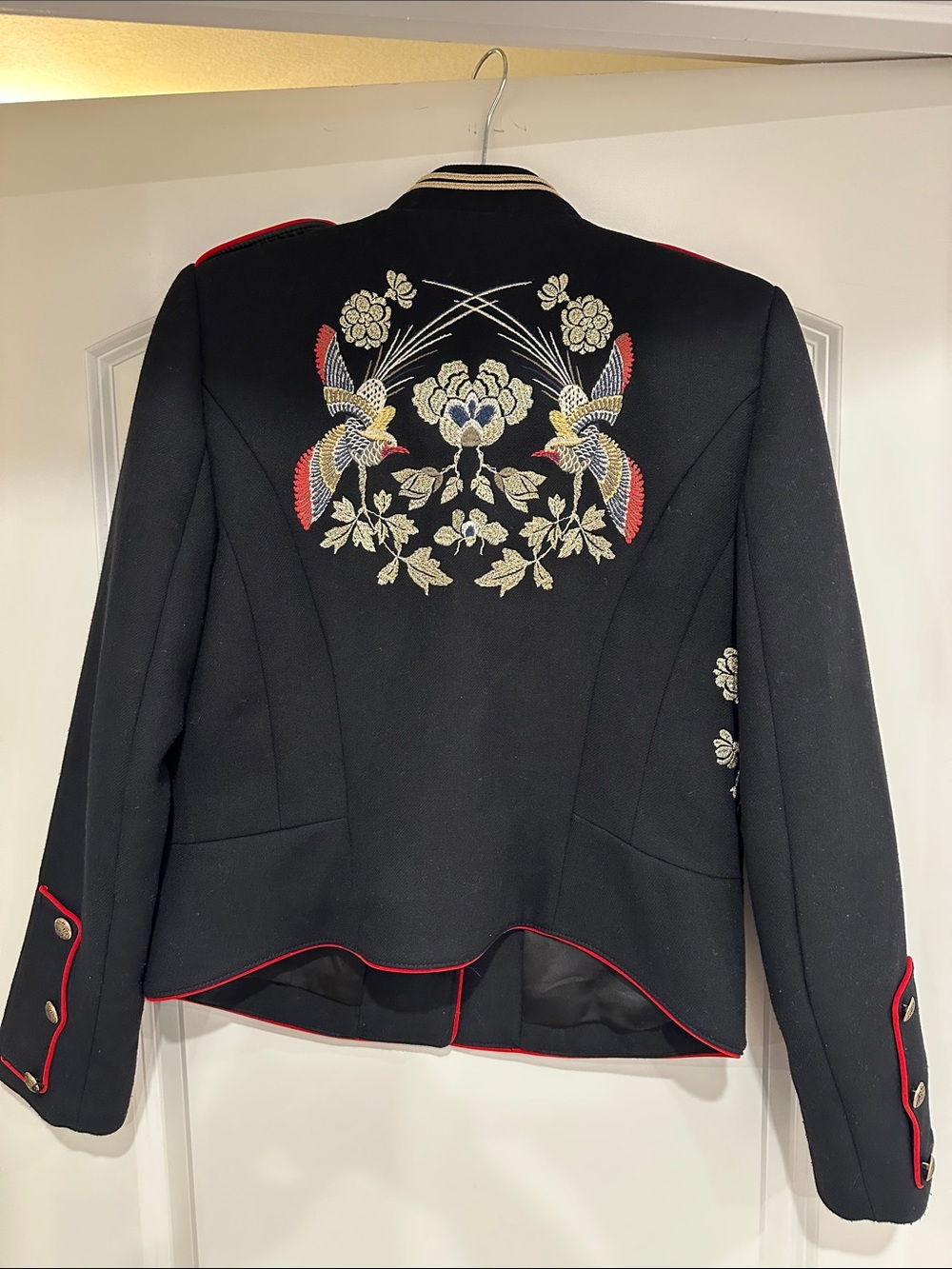 Zara Black Embroidered Military-Style Blazer with Red Trim - Picture 2 of 4